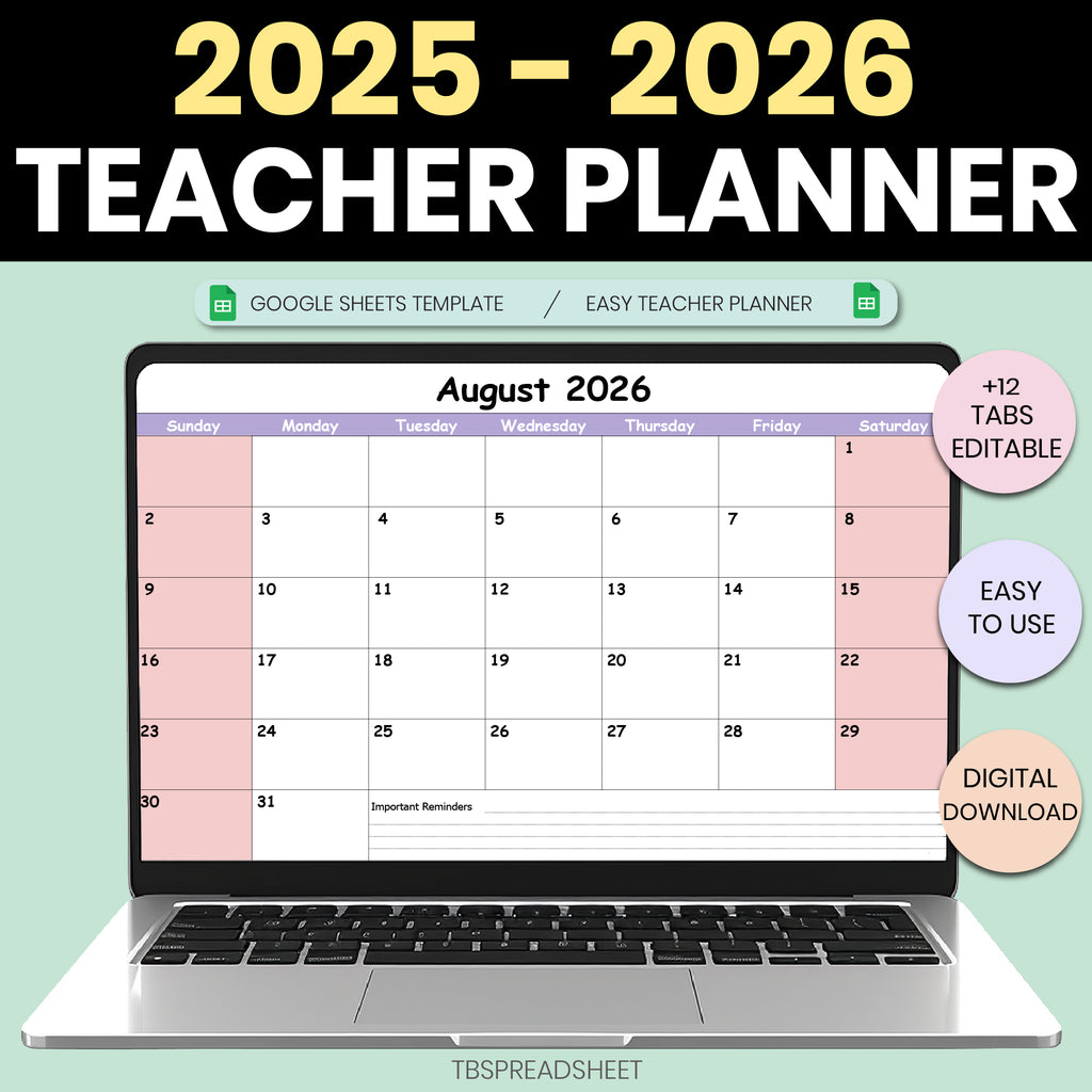 2025–2026 Teacher Planner Google Sheets | Editable Academic Year Calendar & Monthly School Planner