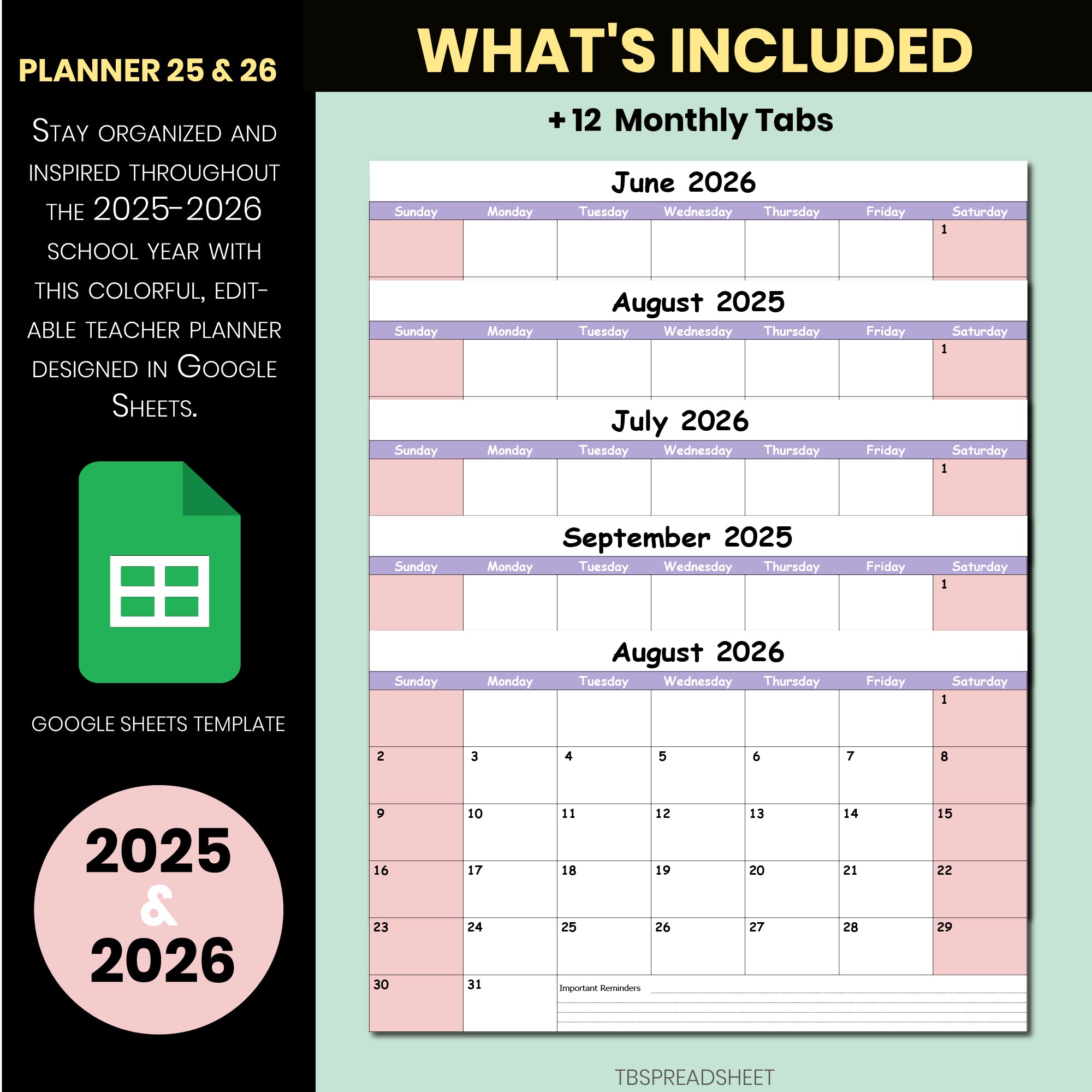 2025–2026 Teacher Planner Google Sheets | Editable Academic Year Calendar & Monthly School Planner