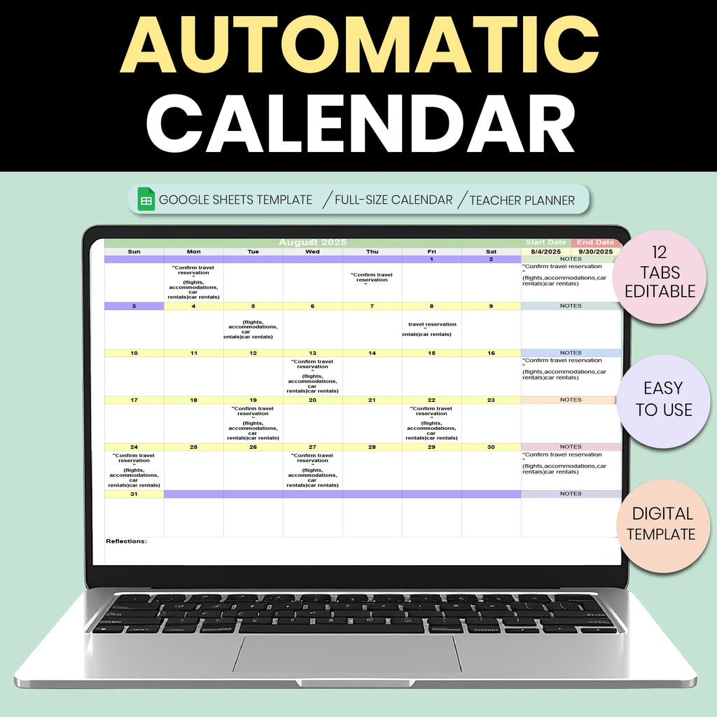 Automatic Teacher Calendar 2025–2026 | Editable Academic Year Google Sheets Monthly Planner