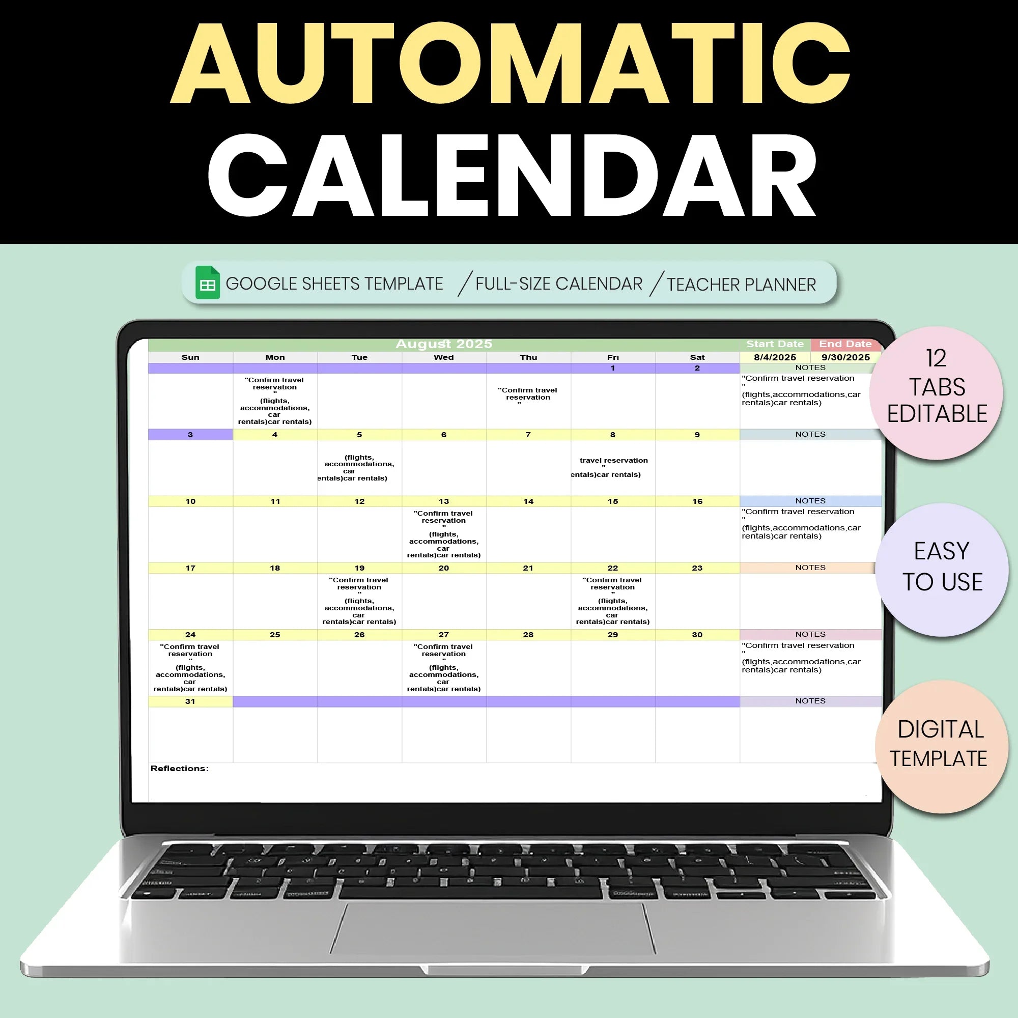 Automatic Teacher Calendar 2025–2026 | Editable Academic Year Google Sheets Monthly Planner