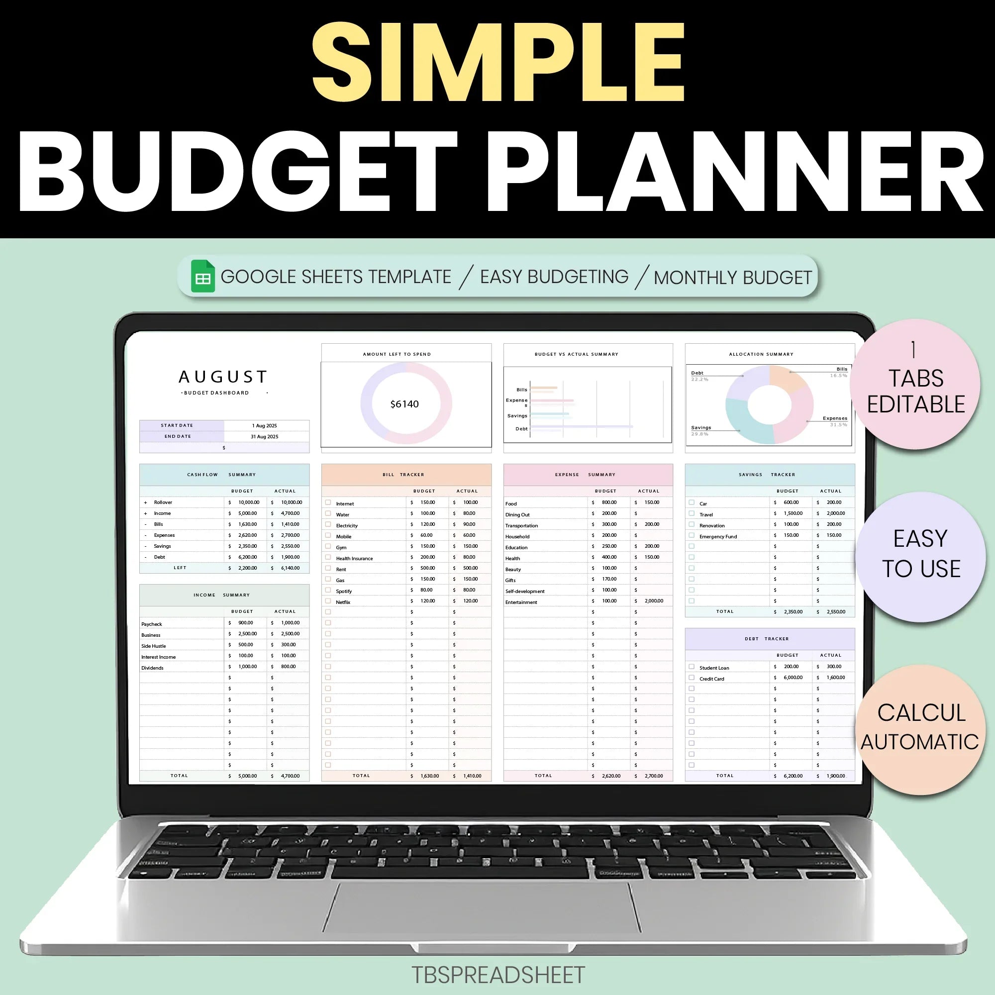 Simple Budget Spreadsheet 2026 Monthly Paycheck & Expense Tracker