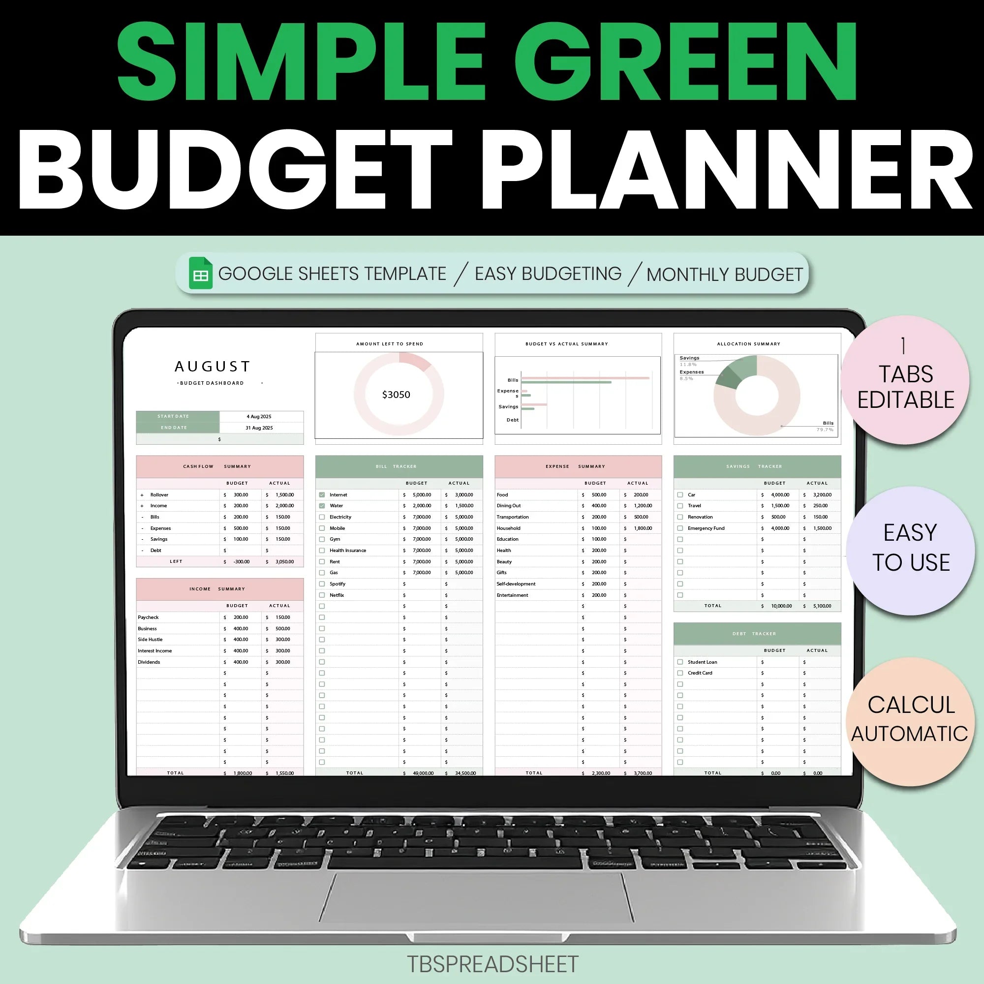 “Simple green Google Sheets budget planner with monthly dashboard, expense tracking, savings, bills, debt, and automatic calculations.”