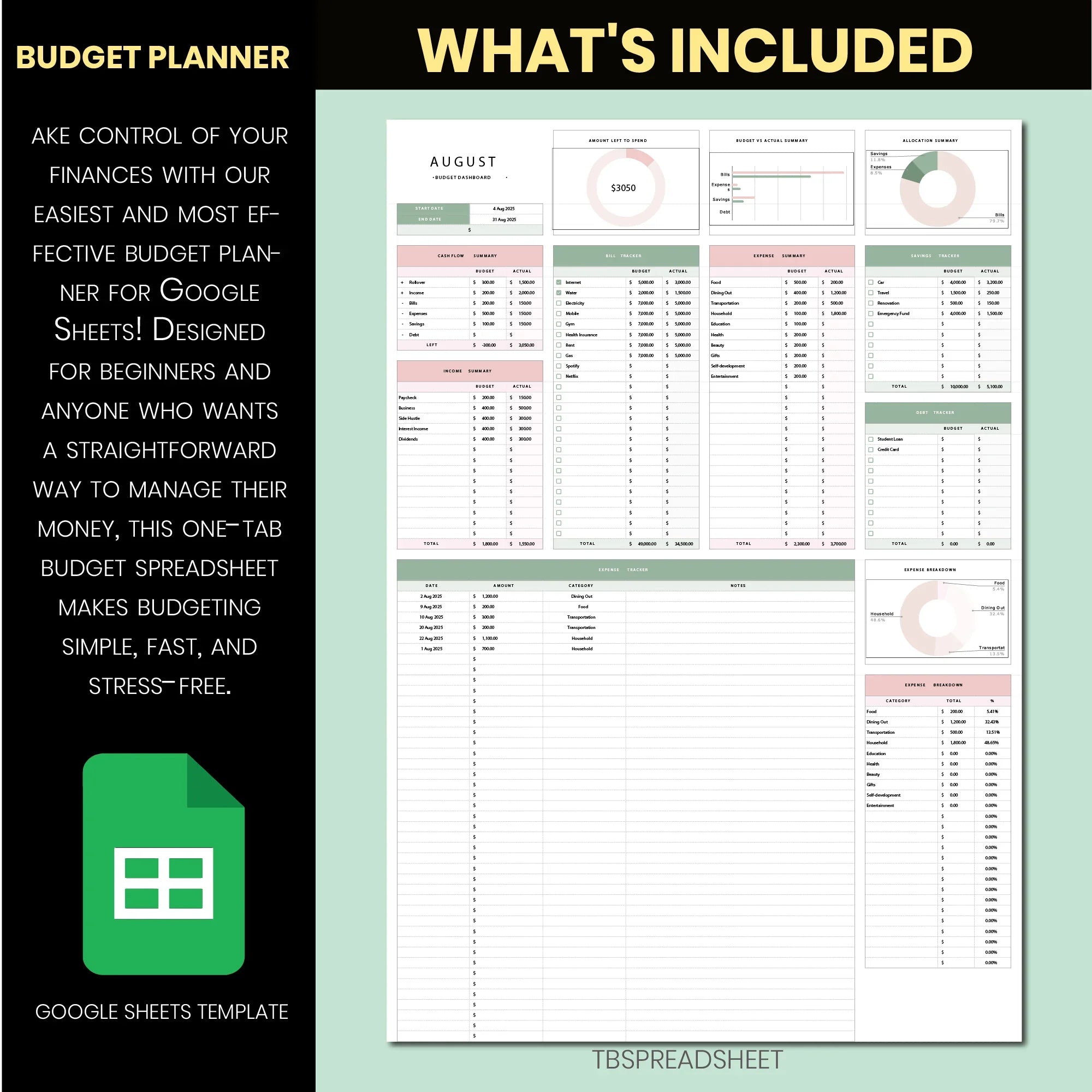 “Simple green Google Sheets budget planner with monthly dashboard, expense tracking, savings, bills, debt, and automatic calculations.”