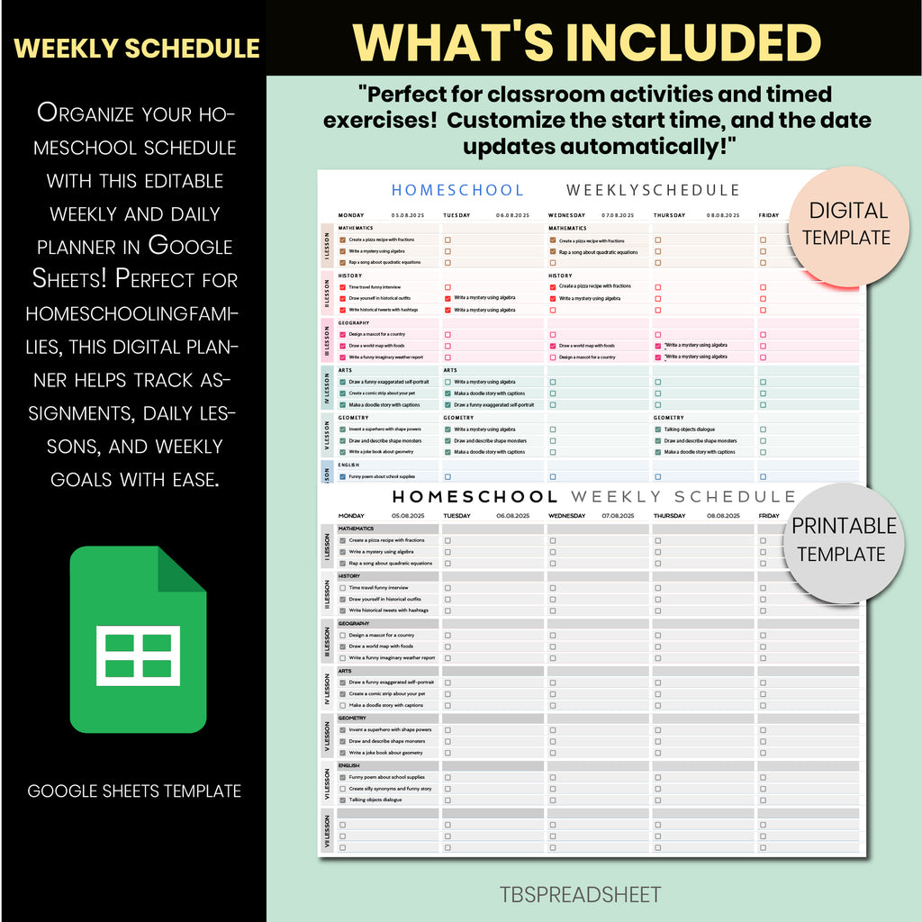 Homeschool Weekly & Daily Planner | Google Sheets Editable Schedule & Assignment Tracker for Teachers