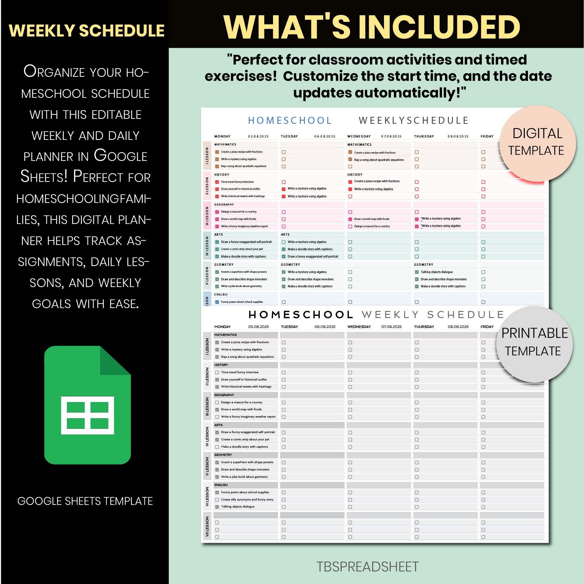 Homeschool Weekly & Daily Planner | Google Sheets Editable Schedule & Assignment Tracker for Teachers