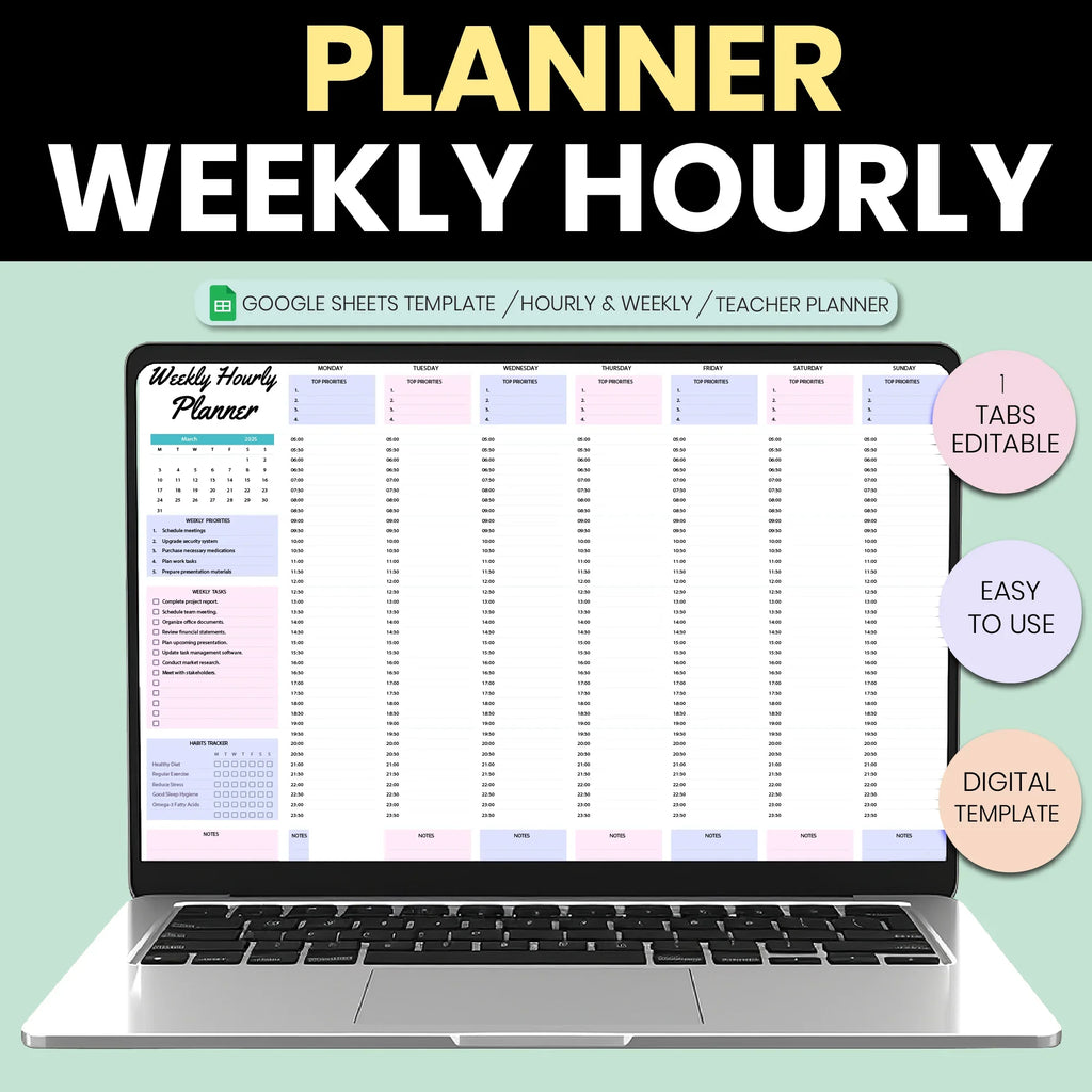 Weekly Hourly Planner Google Sheets | Editable Teacher Weekly Schedule & Time Blocking Planner
