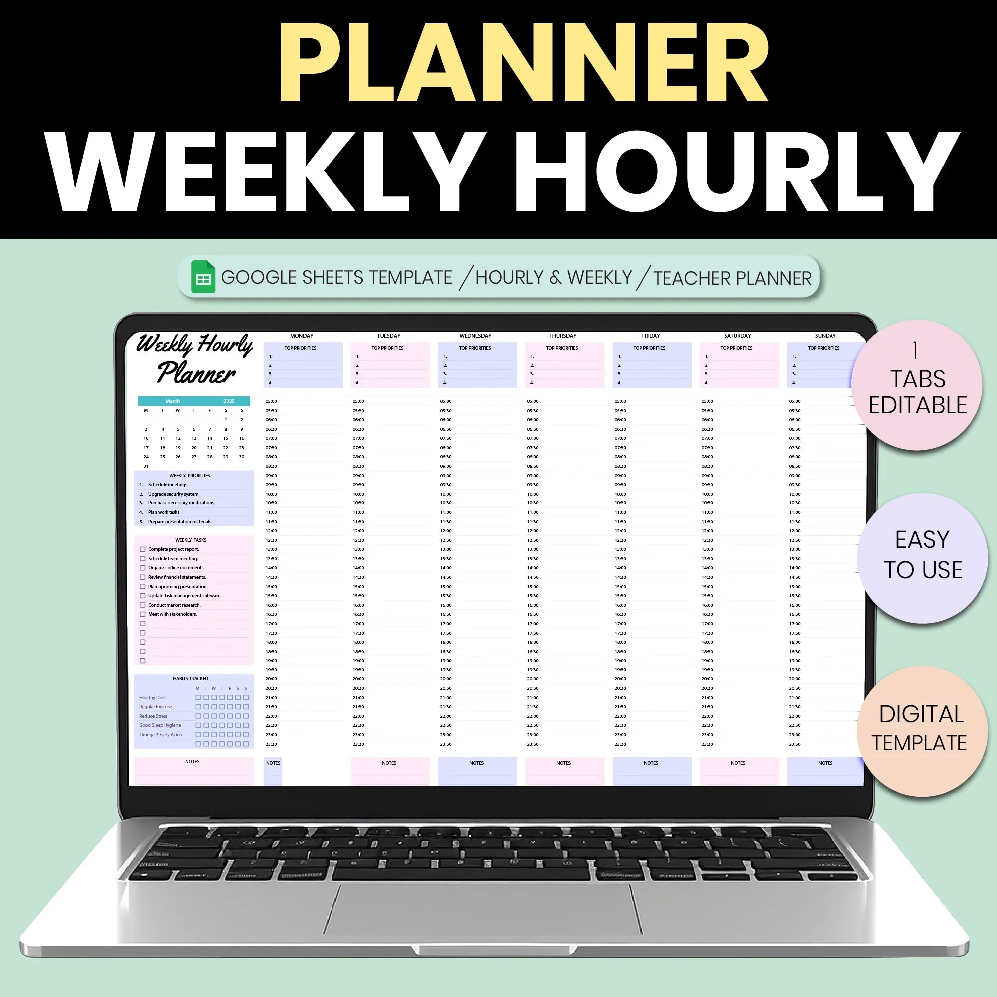 Weekly Hourly Planner Google Sheets | Editable Teacher Weekly Schedule & Time Blocking Planner