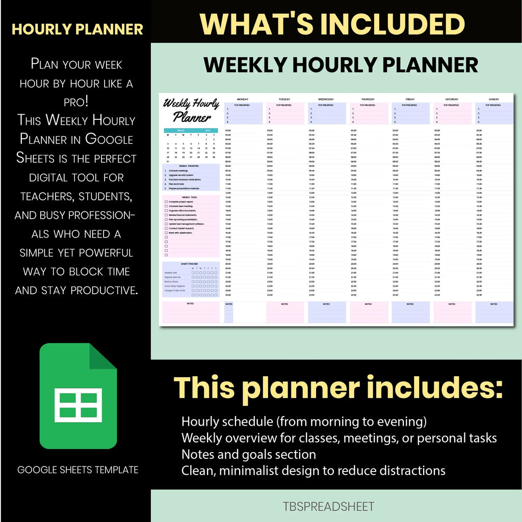 Weekly Hourly Planner Google Sheets | Editable Teacher Weekly Schedule & Time Blocking Planner