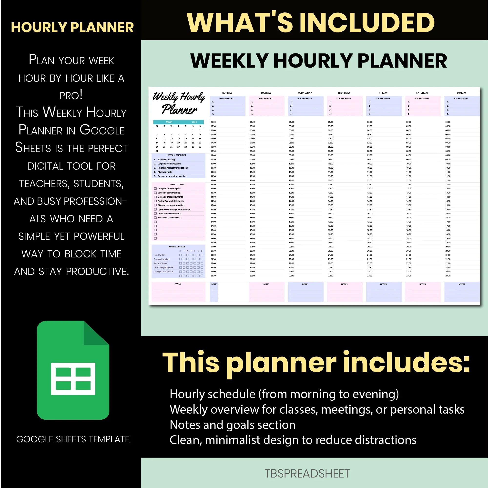 Weekly Hourly Planner Google Sheets | Editable Teacher Weekly Schedule & Time Blocking Planner