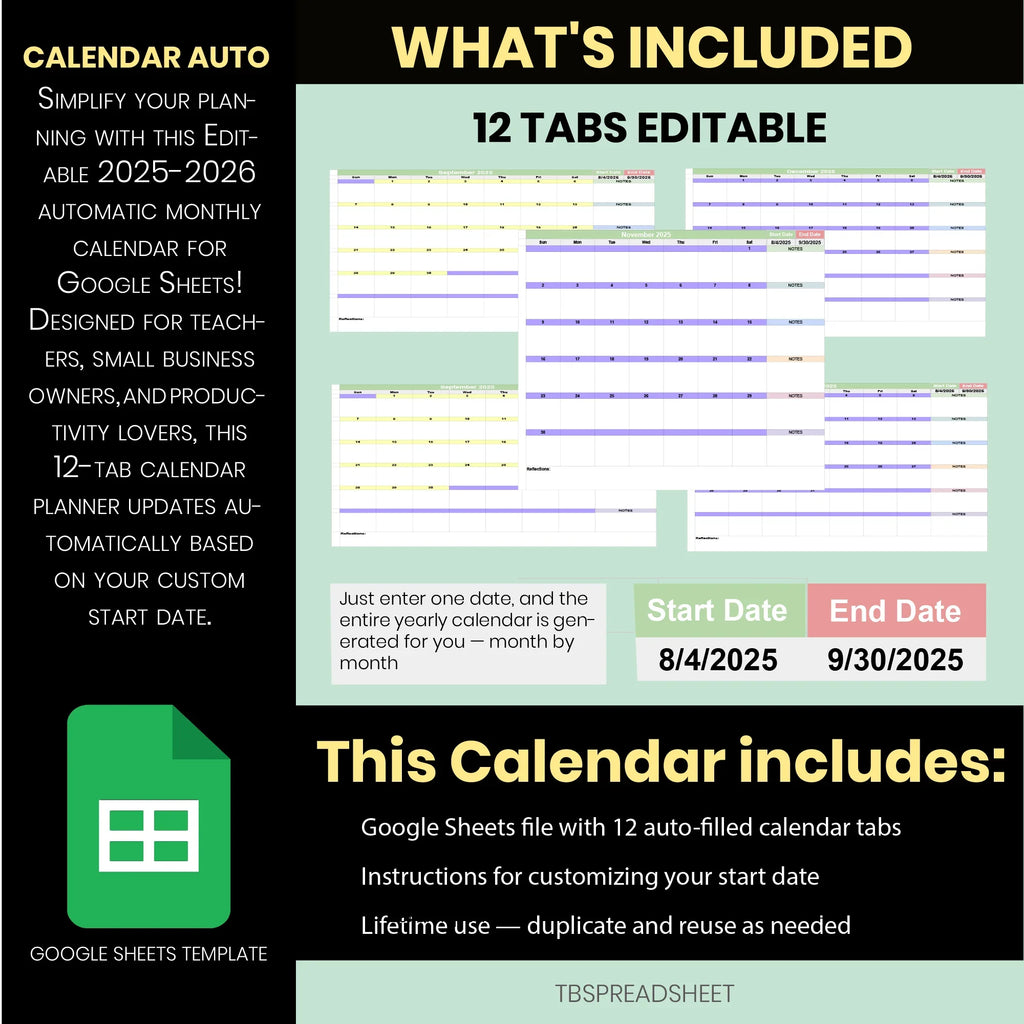 Automatic Teacher Calendar 2025–2026 | Editable Academic Year Google Sheets Monthly Planner