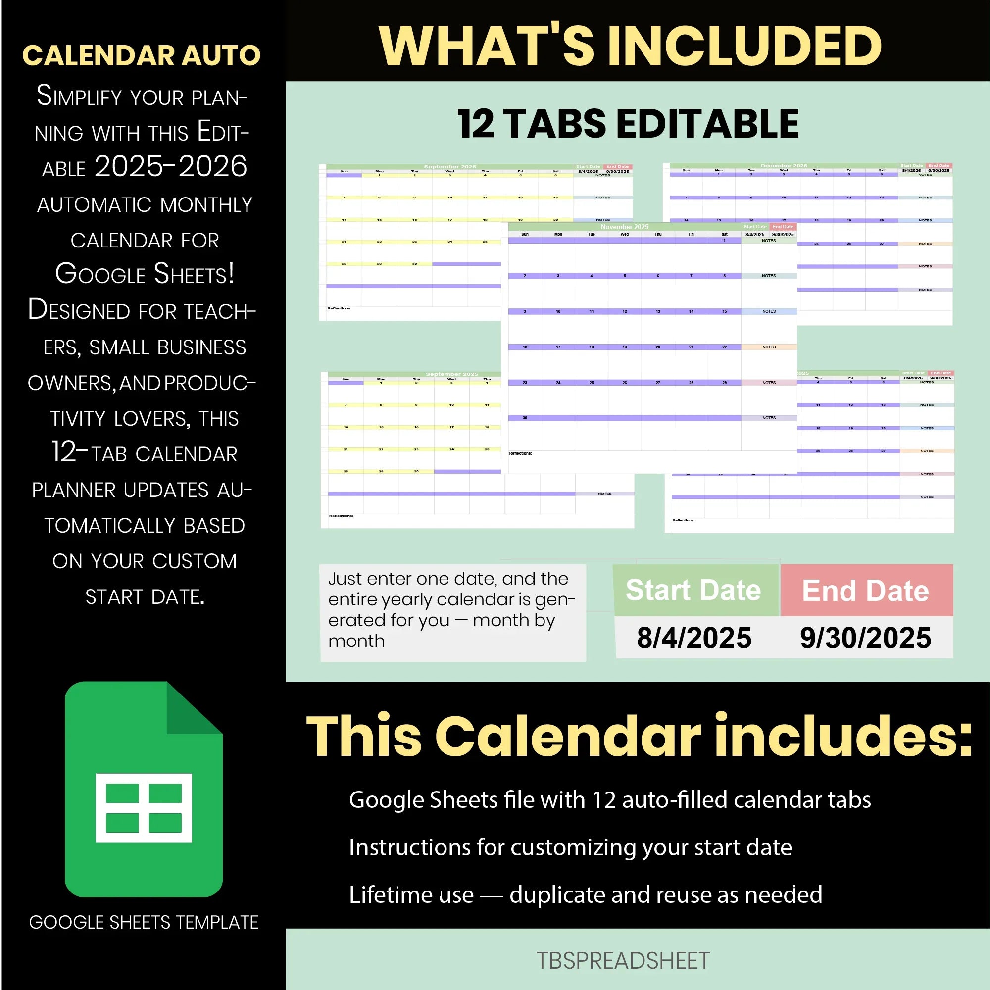 Automatic Teacher Calendar 2025–2026 | Editable Academic Year Google Sheets Monthly Planner