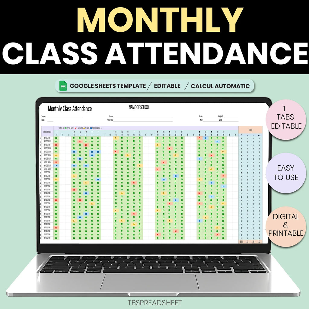 Monthly Class Attendance Tracker – Editable Google Sheets Template for Teachers (2026)