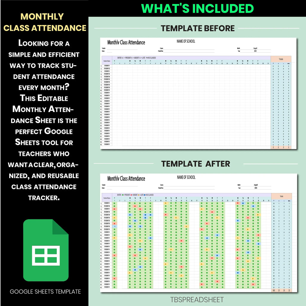 Monthly Class Attendance Tracker – Editable Google Sheets Template for Teachers (2026)
