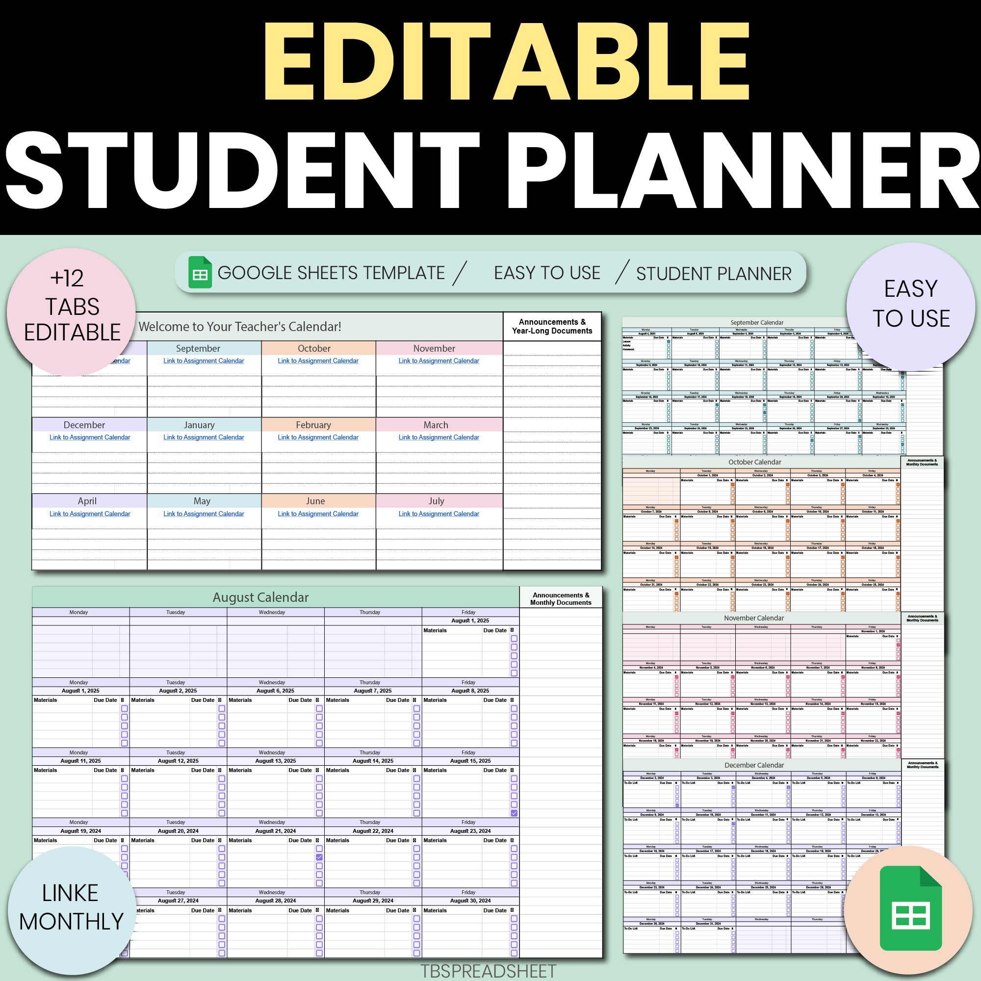 Editable 2025–2026 Teacher Planner | Google Sheets Academic Calendar & Student Assignment Tracker | Monthly Classroom Organizer