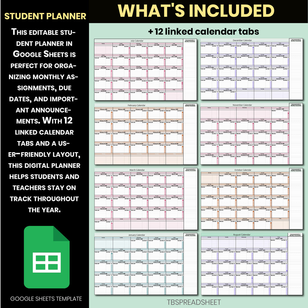 Editable 2025–2026 Teacher Planner | Google Sheets Academic Calendar & Student Assignment Tracker | Monthly Classroom Organizer