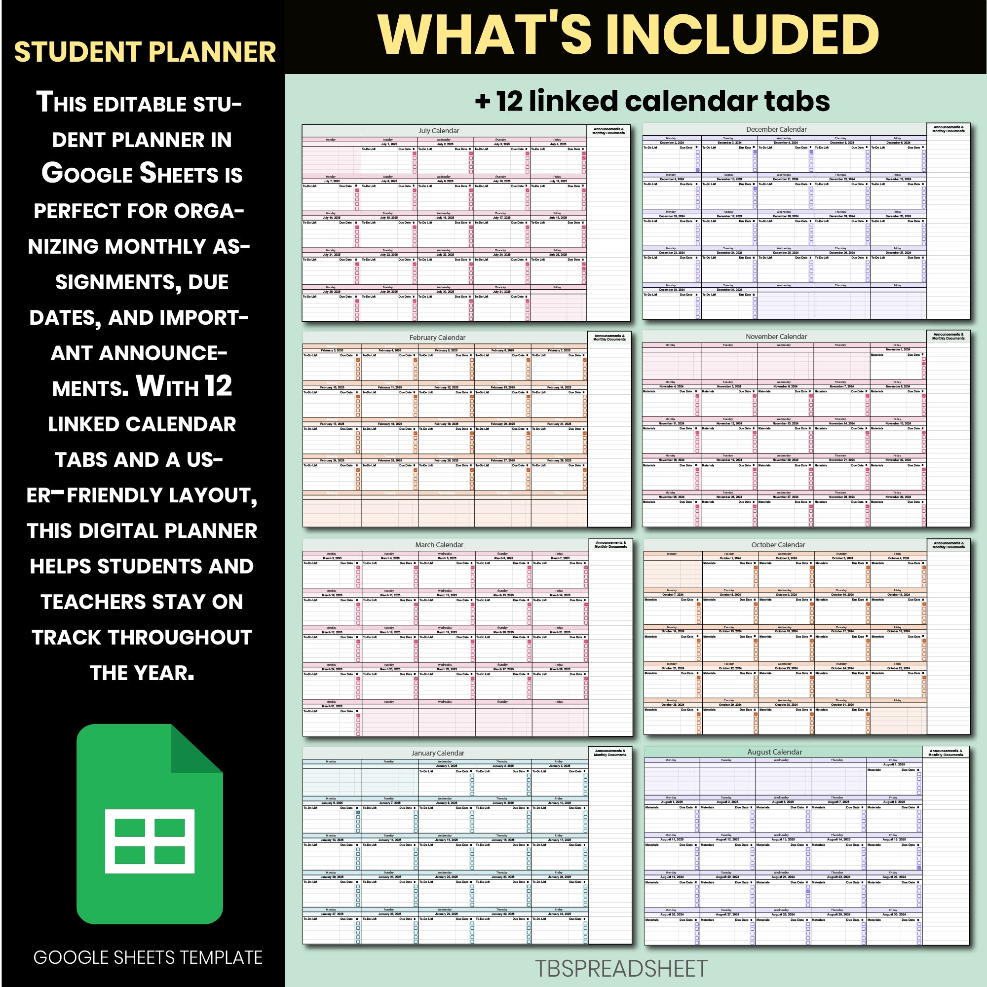 Editable 2025–2026 Teacher Planner | Google Sheets Academic Calendar & Student Assignment Tracker | Monthly Classroom Organizer