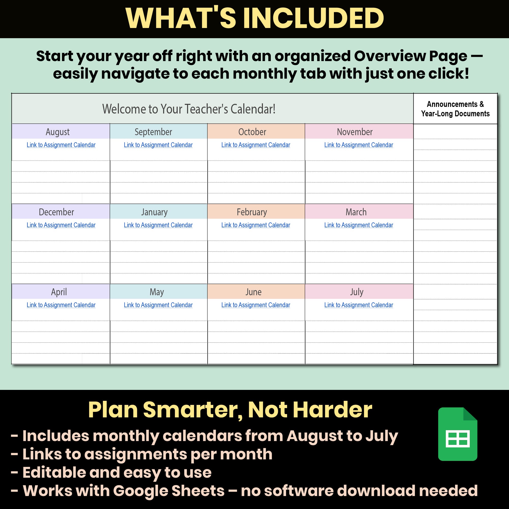 Editable 2025–2026 Teacher Planner | Google Sheets Academic Calendar & Student Assignment Tracker | Monthly Classroom Organizer