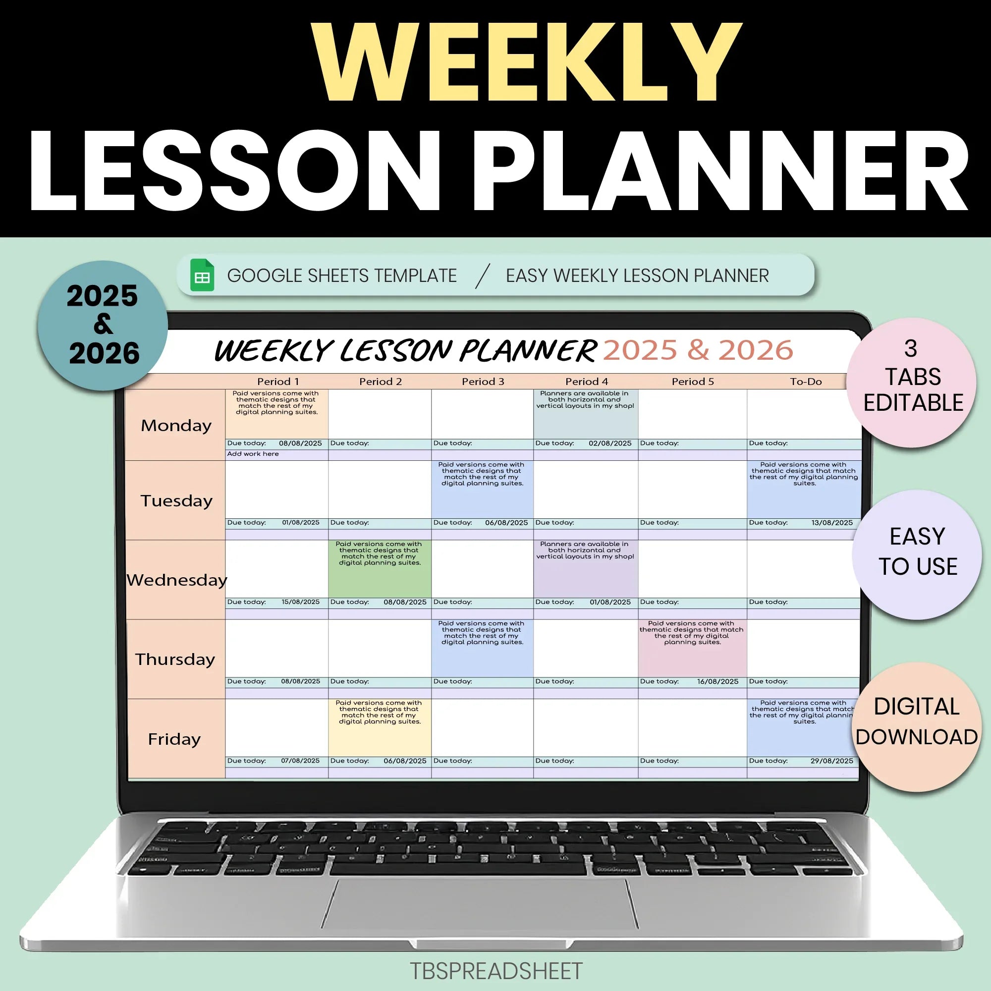 Weekly Lesson Planner Google Sheets | Editable Teacher Planner with Class Periods & Auto Due Dates