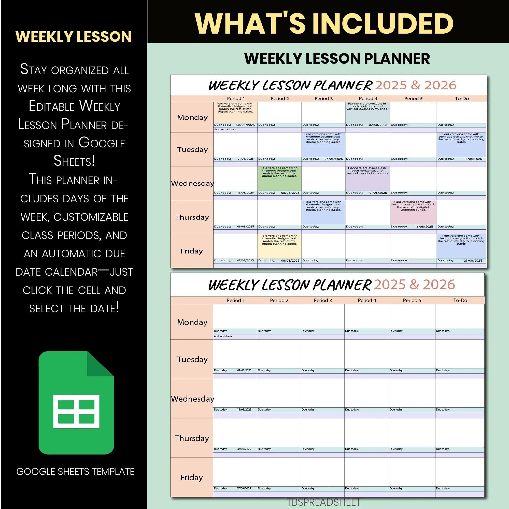 Weekly Lesson Planner Google Sheets | Editable Teacher Planner with Class Periods & Auto Due Dates