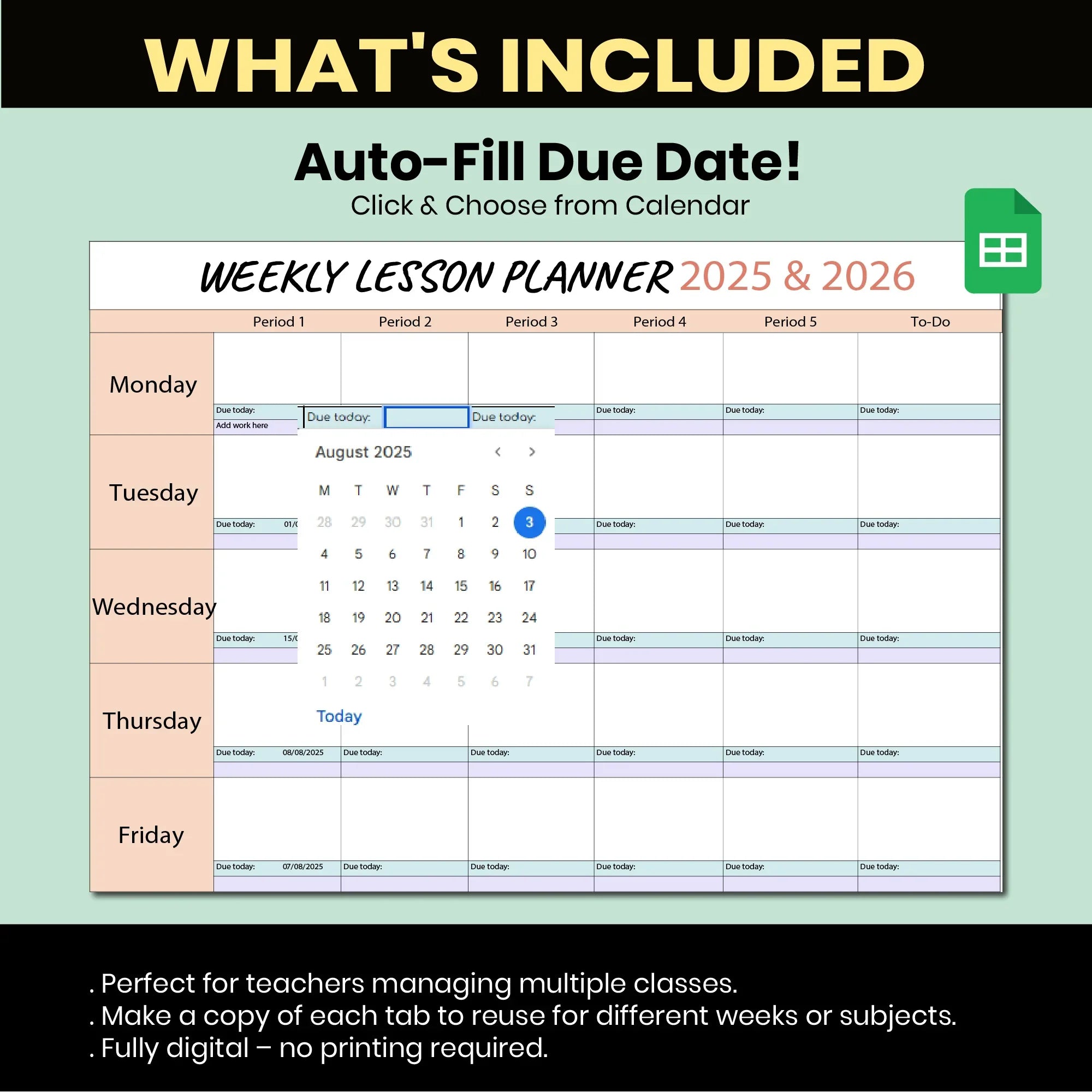 Weekly Lesson Planner Google Sheets | Editable Teacher Planner with Class Periods & Auto Due Dates