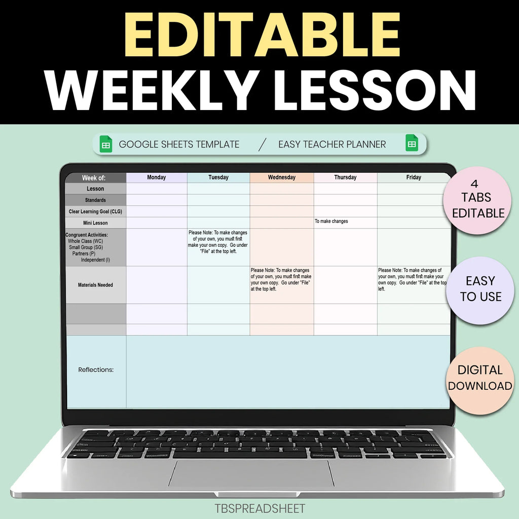Editable Weekly Lesson Plan Template Google Sheets | Teacher Planner with Standards & Learning Goals
