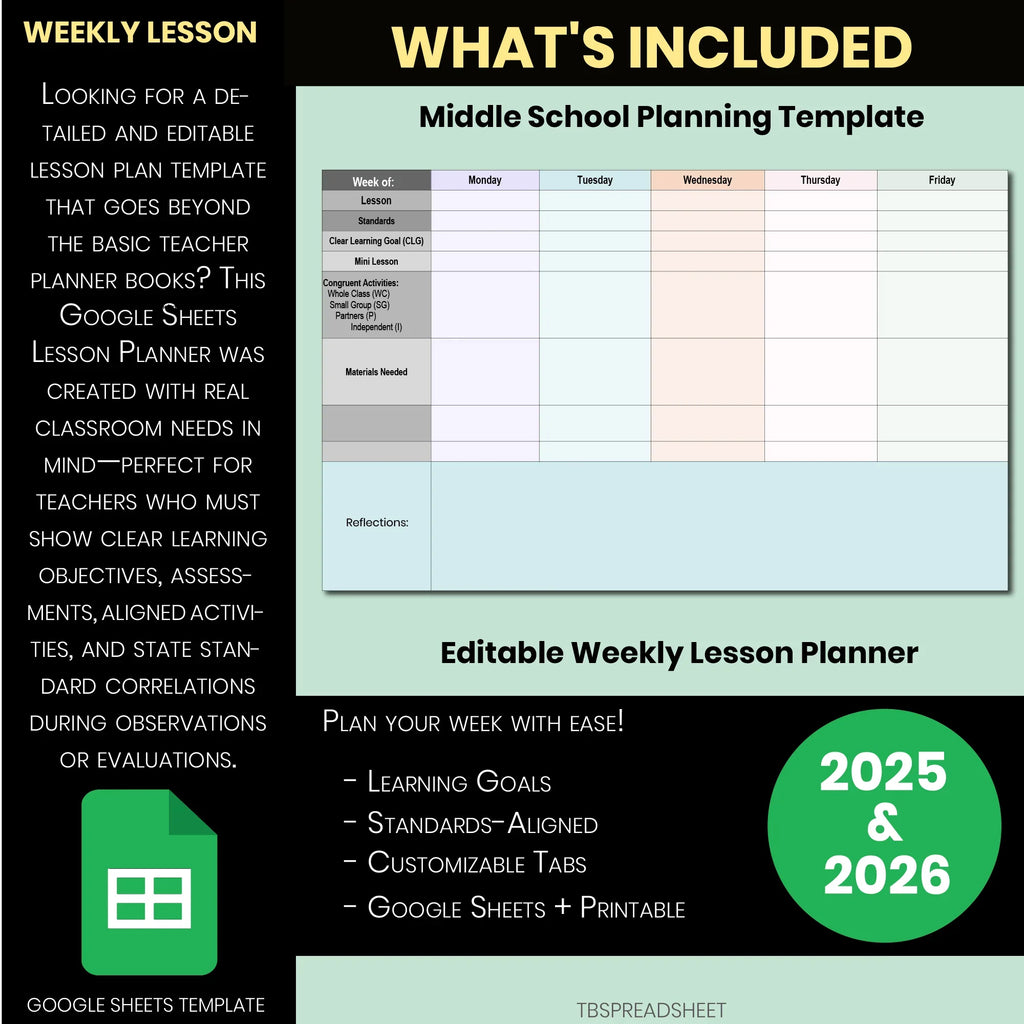 Editable Weekly Lesson Plan Template Google Sheets | Teacher Planner with Standards & Learning Goals