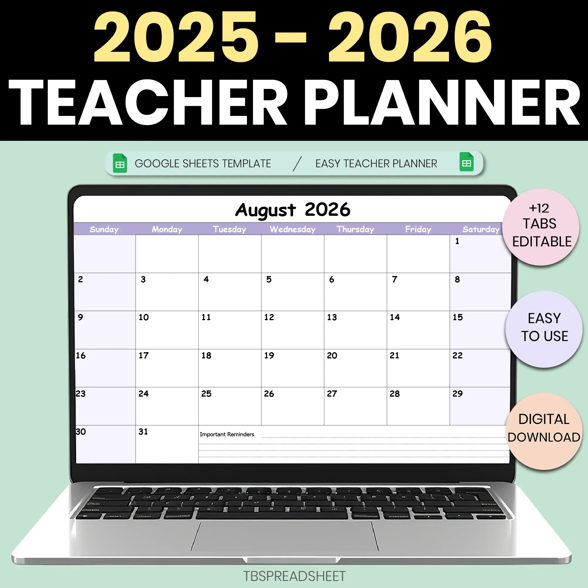 Teacher Calendars 2025–2026 | Editable Academic Year Calendar Google Sheets for Classroom Planning